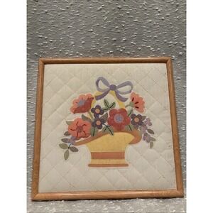 Vtg 1980s‎ Sunset Stitchery Crewel Embroidery Finished Art Framed Basket